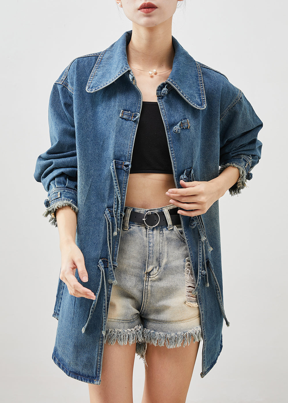 Denim Blue Chinese Button Cotton Coat Outwear Spring