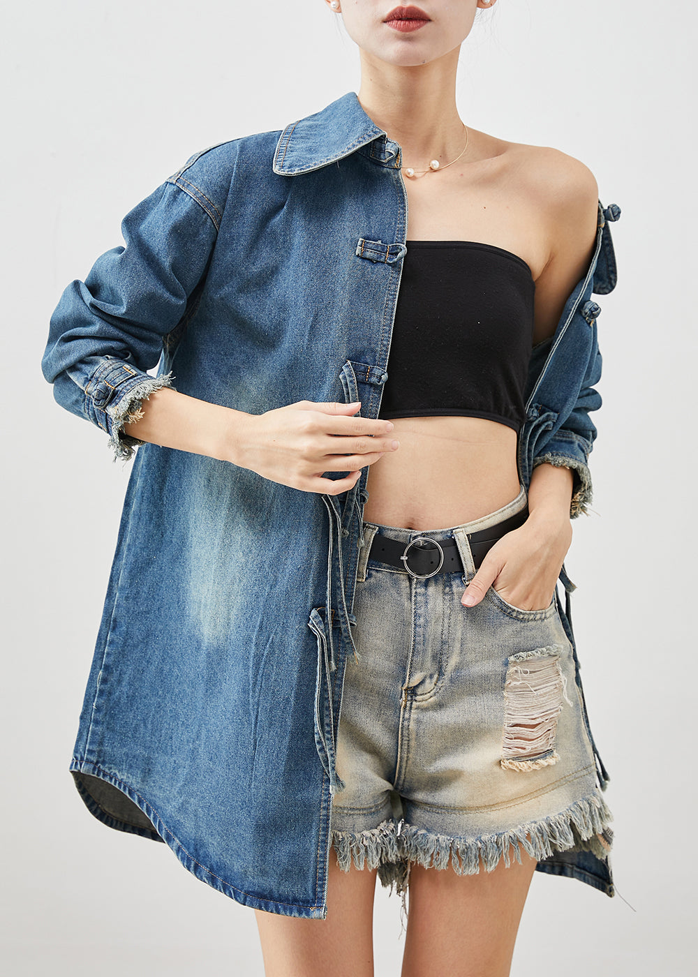 Denim Blue Chinese Button Cotton Coat Outwear Spring