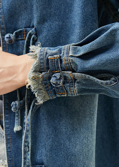 Denim Blue Chinese Button Cotton Coat Outwear Spring