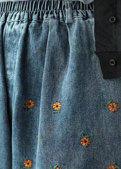 Denim Blue Elastic Waist Daisy Embroideried Hole Cotton Straight Pants Summer