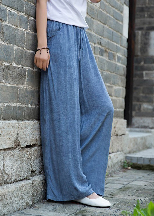 Denim Blue Elastic Waist Pockets Cotton Straight Pants Fall