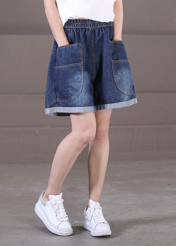 Denim Blue Elastic Waist Pockets Cotton Wide Leg Shorts Summer