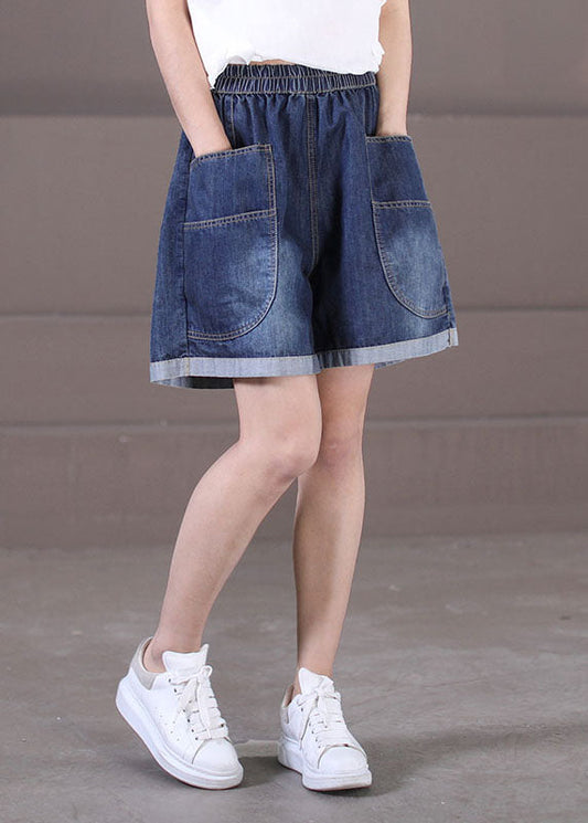 Denim Blue Elastic Waist Pockets Cotton Wide Leg Shorts Summer