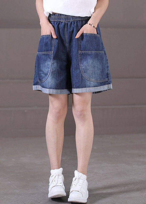 Denim Blue Elastic Waist Pockets Cotton Wide Leg Shorts Summer