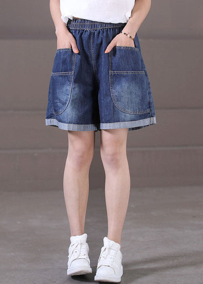 Denim Blue Elastic Waist Pockets Cotton Wide Leg Shorts Summer