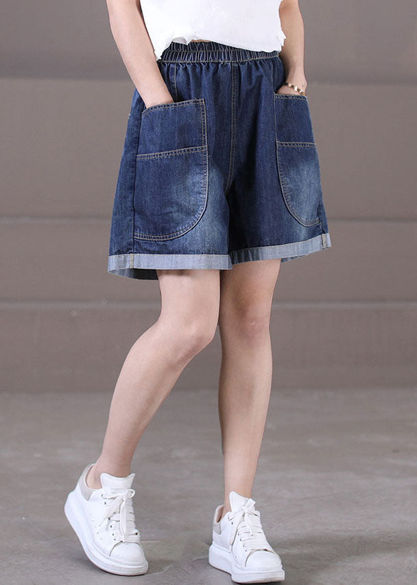 Denim Blue Elastic Waist Pockets Cotton Wide Leg Shorts Summer