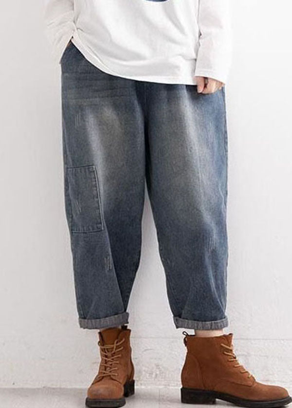 Denim Blue Elastic Waist Pockets Patchwork Applique Cotton Harem Pants Fall