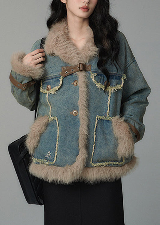 Denim Blue Fluffy Pockets Patchwork Cotton Filled Parkas Winter