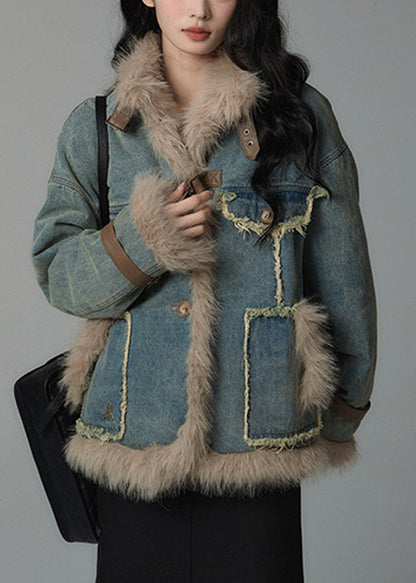 Denim Blue Fluffy Pockets Patchwork Cotton Filled Parkas Winter