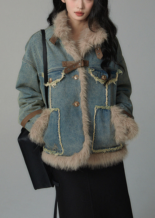 Denim Blue Fluffy Pockets Patchwork Cotton Filled Parkas Winter