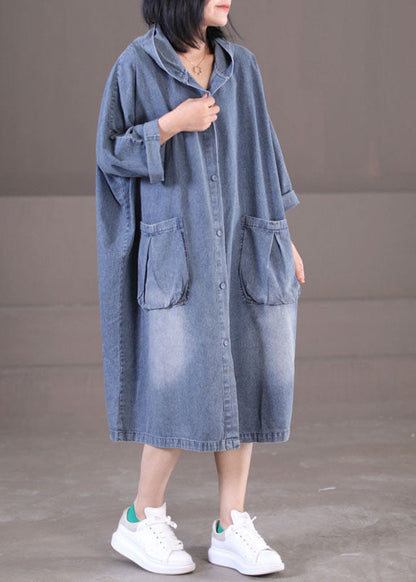 Denim Blue Hooded Pockets Cotton Long Dress Long Sleeve