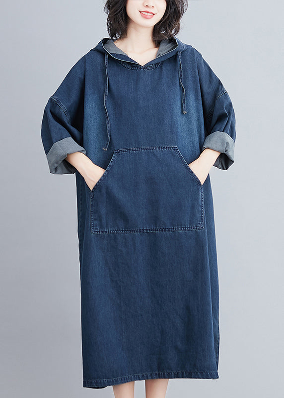 Denim Blue Hooded Pockets Denim Long Dress Fall
