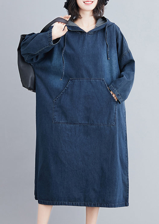 Denim Blue Hooded Pockets Denim Long Dress Fall