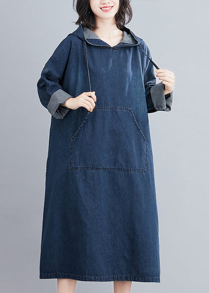 Denim Blue Hooded Pockets Denim Long Dress Fall