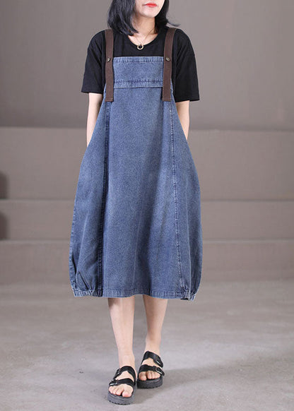 Denim Blue Original Design Cotton Strap Long Dresses Summer