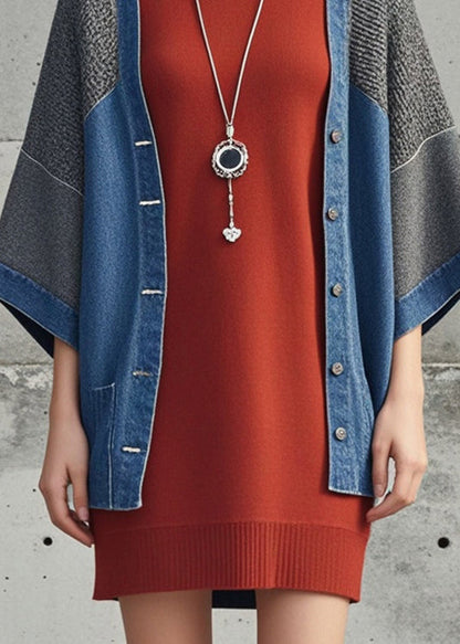 Denim Blue Oversized Patchwork Knit Cardigan Fall