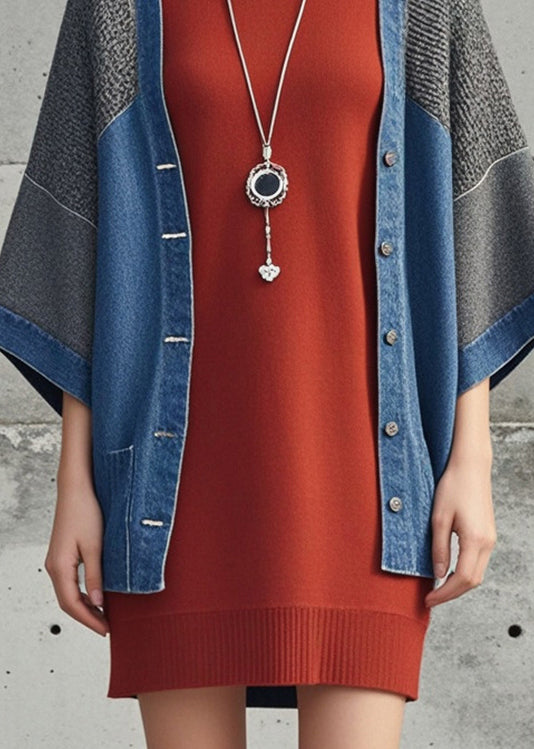 Denim Blue Oversized Patchwork Knit Cardigan Fall
