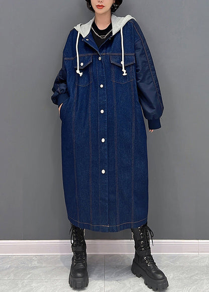 Denim Blue Patchwork Button Hooded Coat Fall