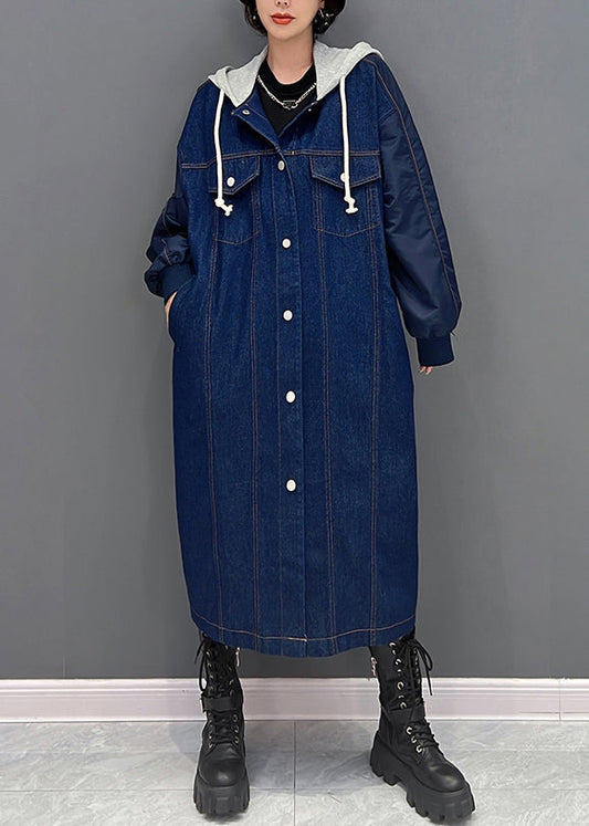 Denim Blue Patchwork Button Hooded Coat Fall