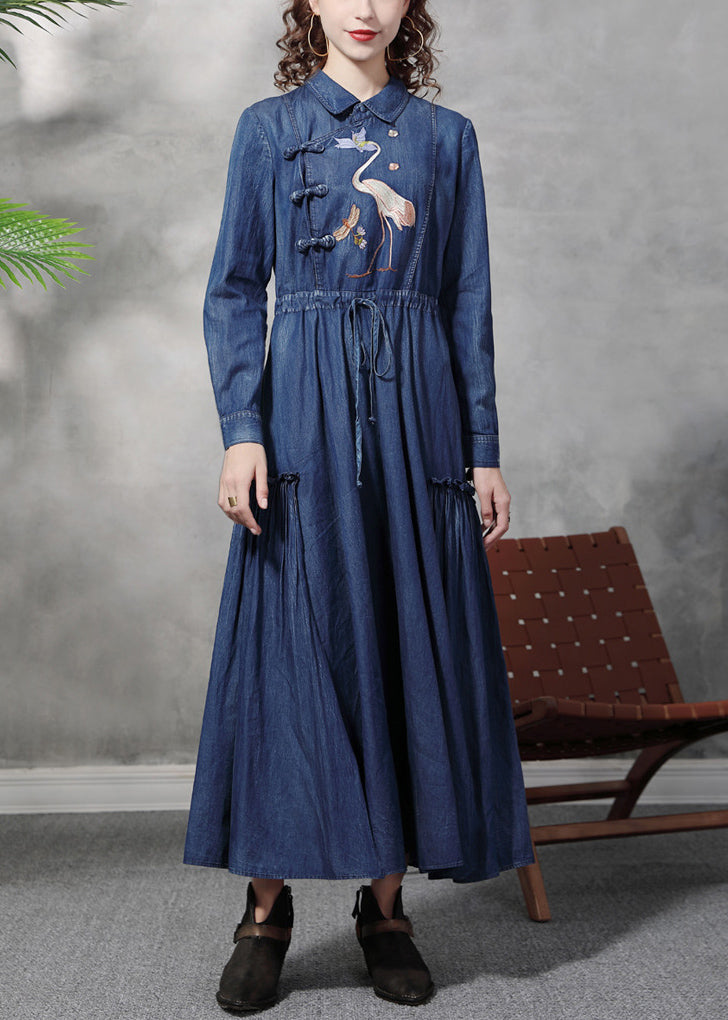 Denim Blue Peter Pan Collar Embroideried Ruffled Drawstring Cotton Oriental Dresses Long Sleeve