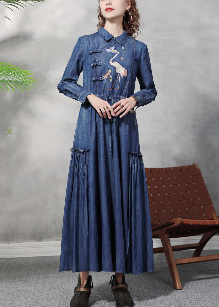 Denim Blue Peter Pan Collar Embroideried Ruffled Drawstring Cotton Oriental Dresses Long Sleeve
