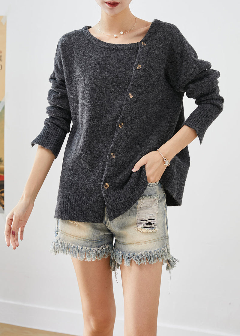 Dull Grey Asymmetrical Patchwork Button Knit Pullover Fall