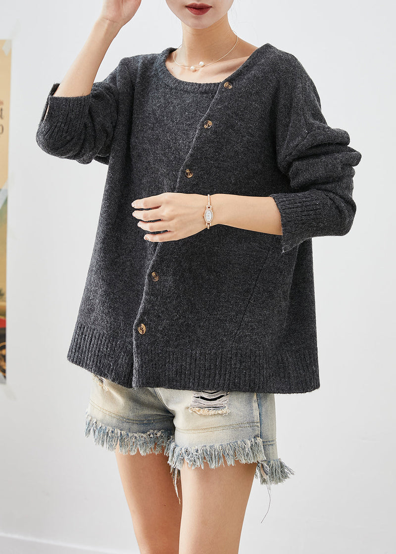 Dull Grey Asymmetrical Patchwork Button Knit Pullover Fall