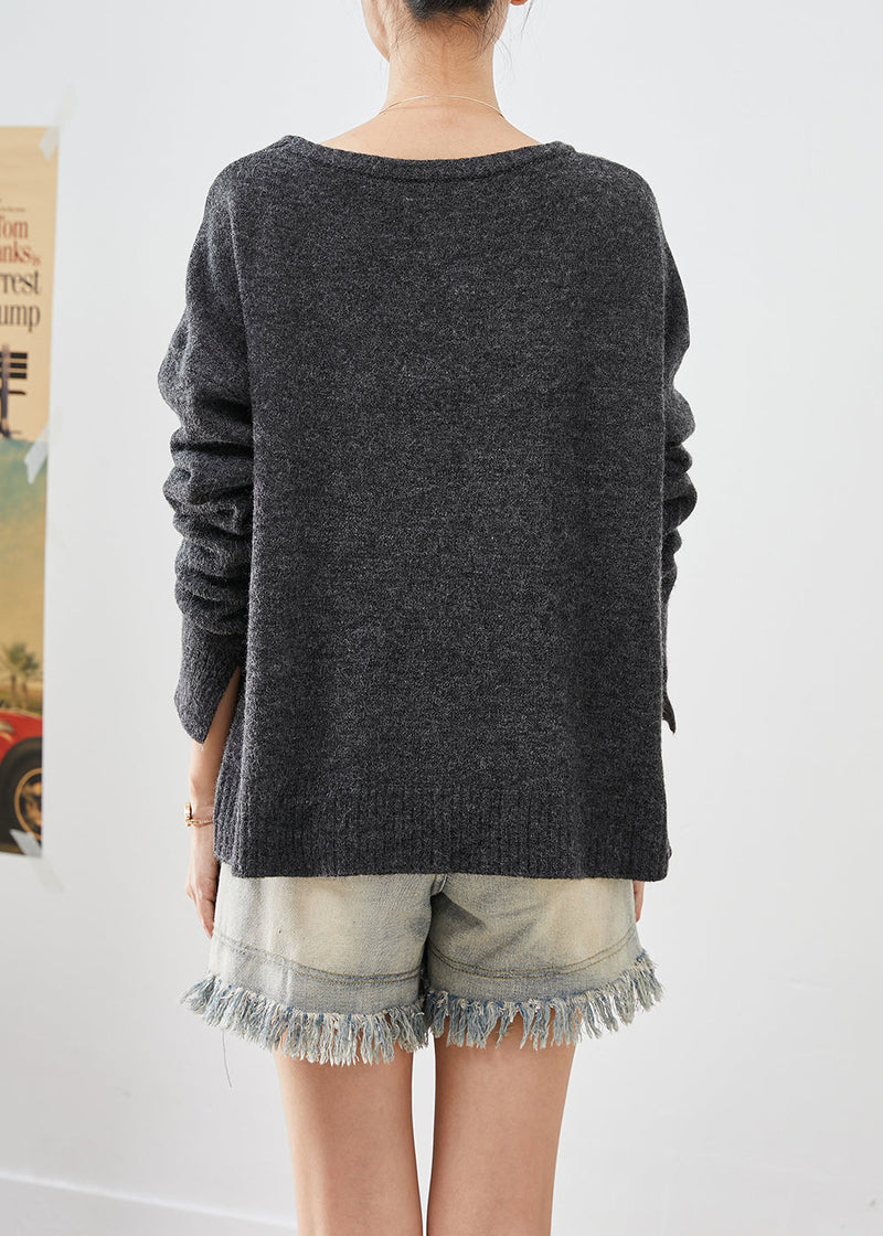 Dull Grey Asymmetrical Patchwork Button Knit Pullover Fall