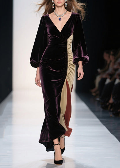 Dull Purple Asymmetrical Patchwork Silk Velvet Evening Dress Spring