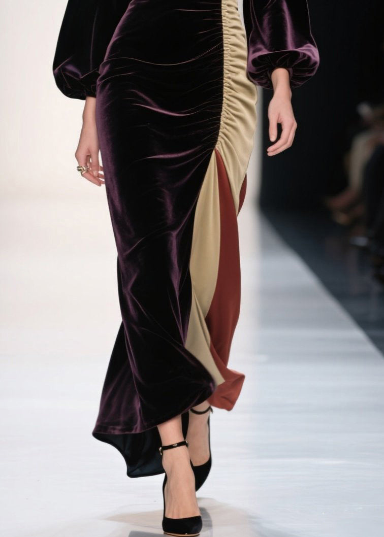 Dull Purple Asymmetrical Patchwork Silk Velvet Evening Dress Spring