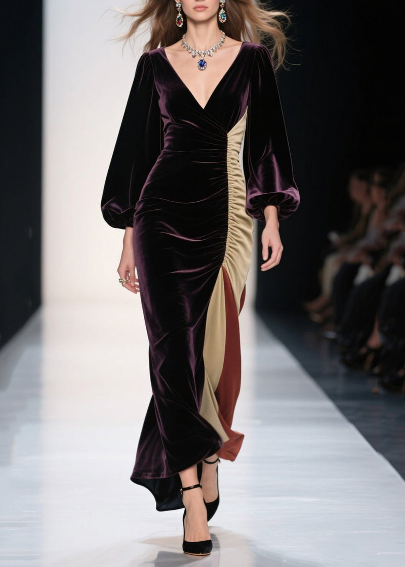 Dull Purple Asymmetrical Patchwork Silk Velvet Evening Dress Spring