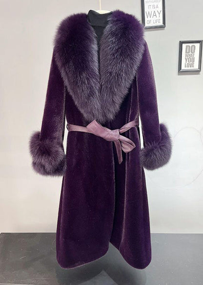 Dull Purple Fox Collar Tie Waist Mink Velvet Trench Winter