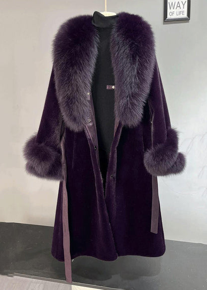 Dull Purple Fox Collar Tie Waist Mink Velvet Trench Winter