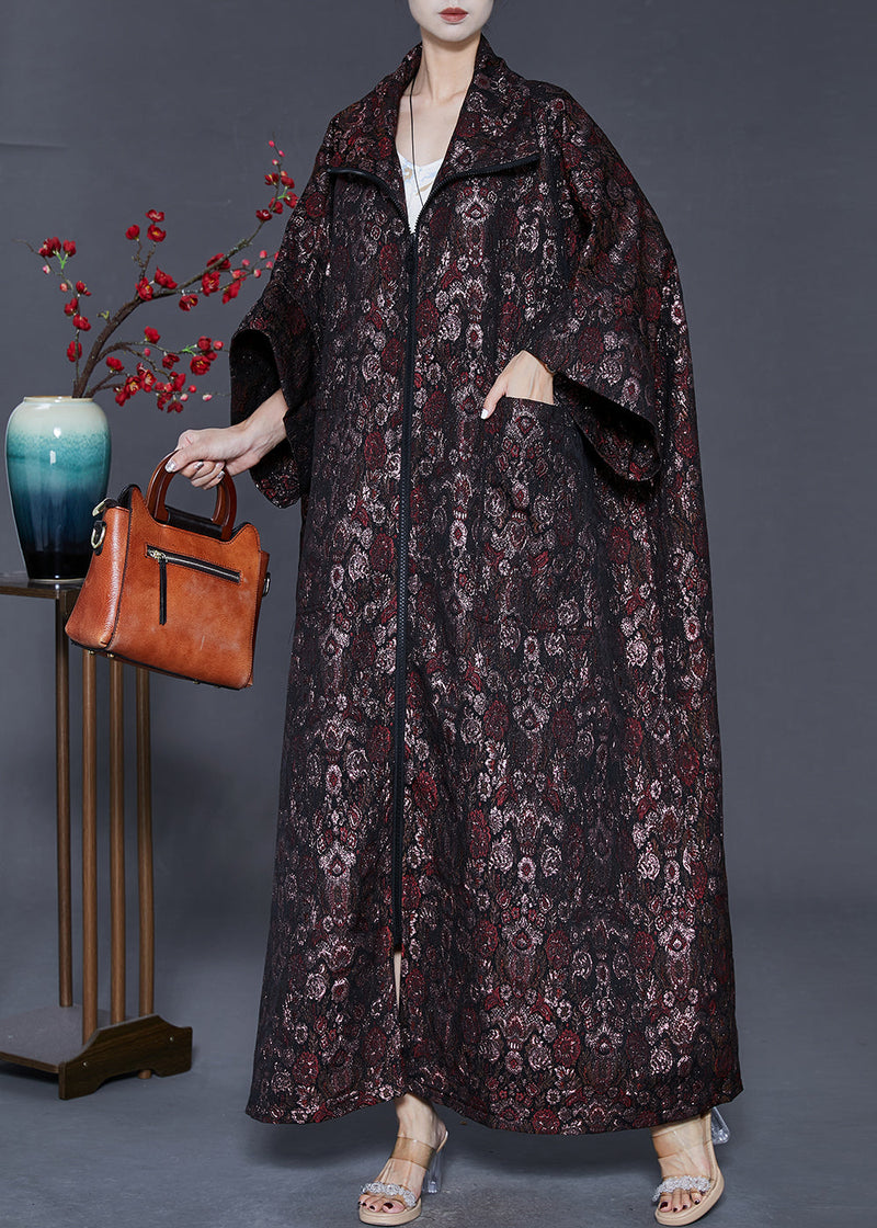 Dull Red Oversized Print Cotton Trench Spring