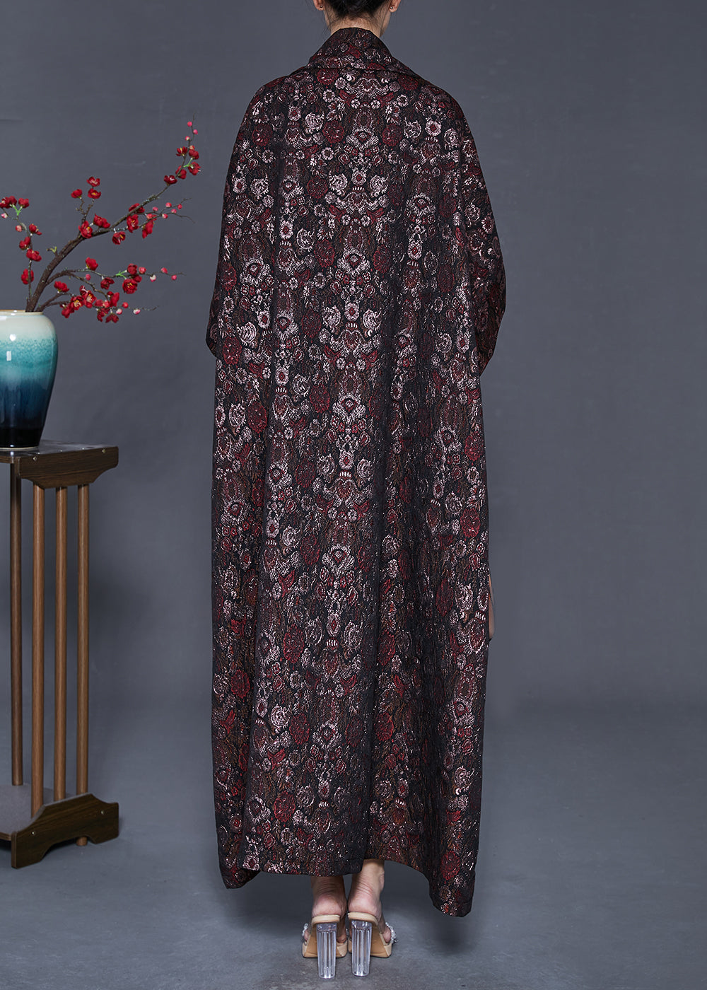 Dull Red Oversized Print Cotton Trench Spring