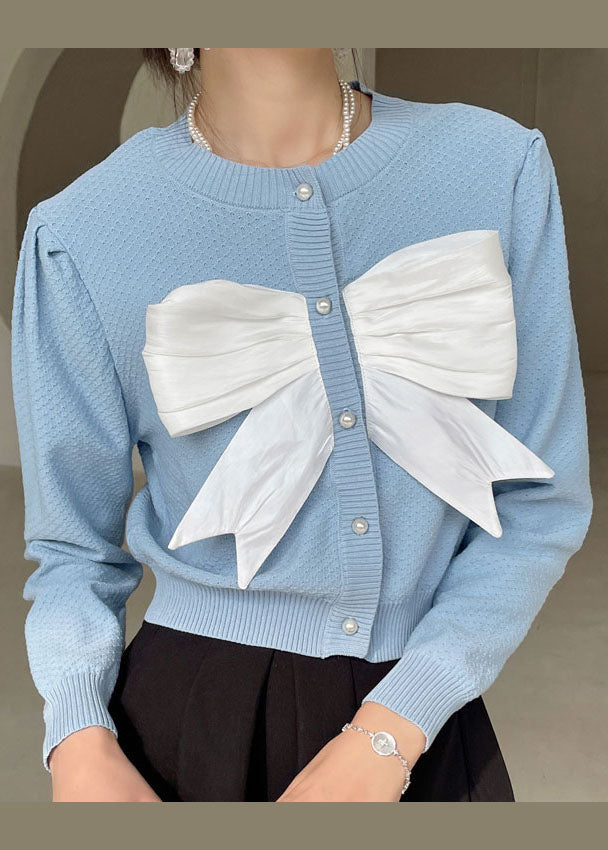 Blue Puff Sleeve Knit Top Spring
