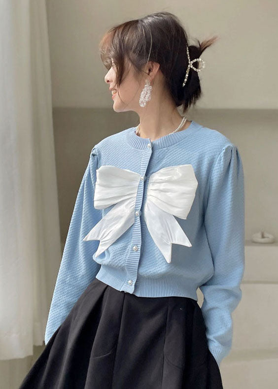 Blue Puff Sleeve Knit Top Spring