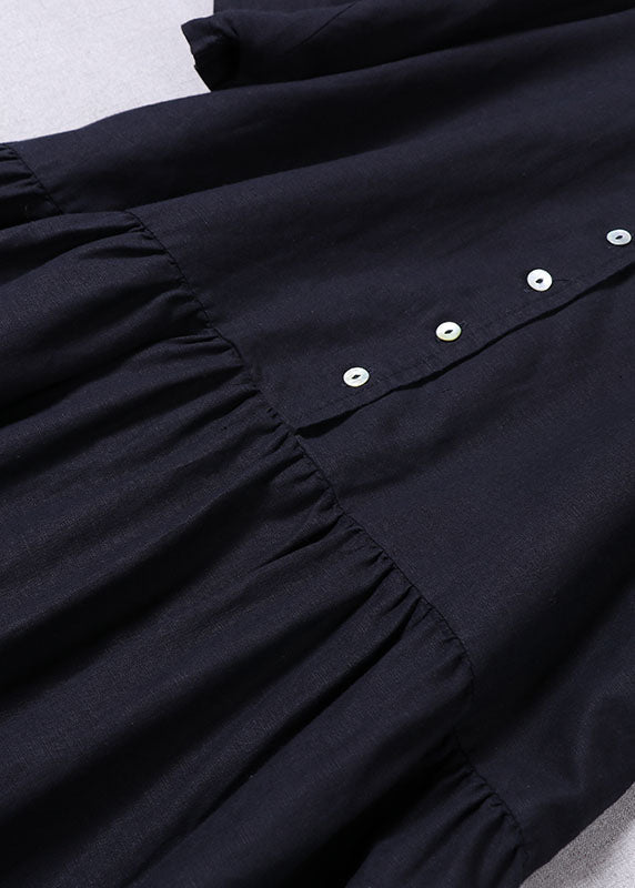 Navy Button Wrinkled Dresses Spring