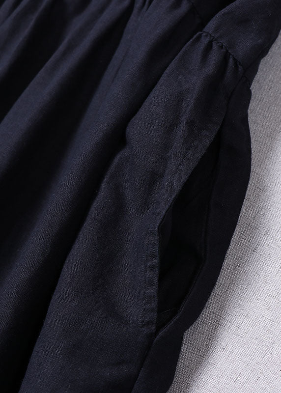 Navy Button Wrinkled Dresses Spring