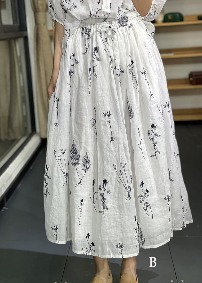 Embroidered Pockets Elastic Waist Linen Skirt Summer