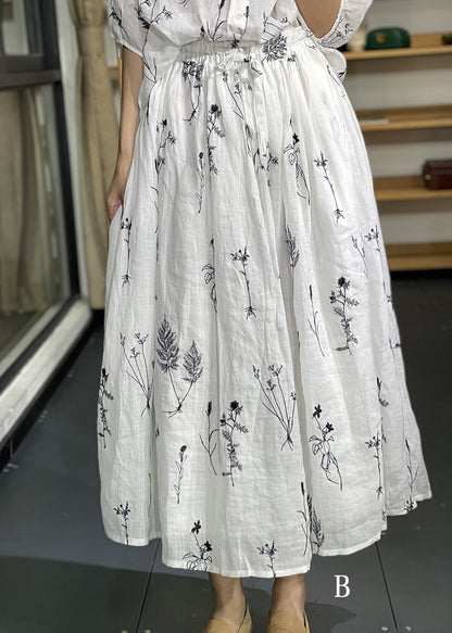 Embroidered Pockets Elastic Waist Linen Skirt Summer