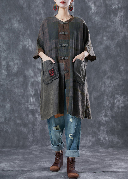 Embroideried Chinese Button Pockets Linen Trench Summer