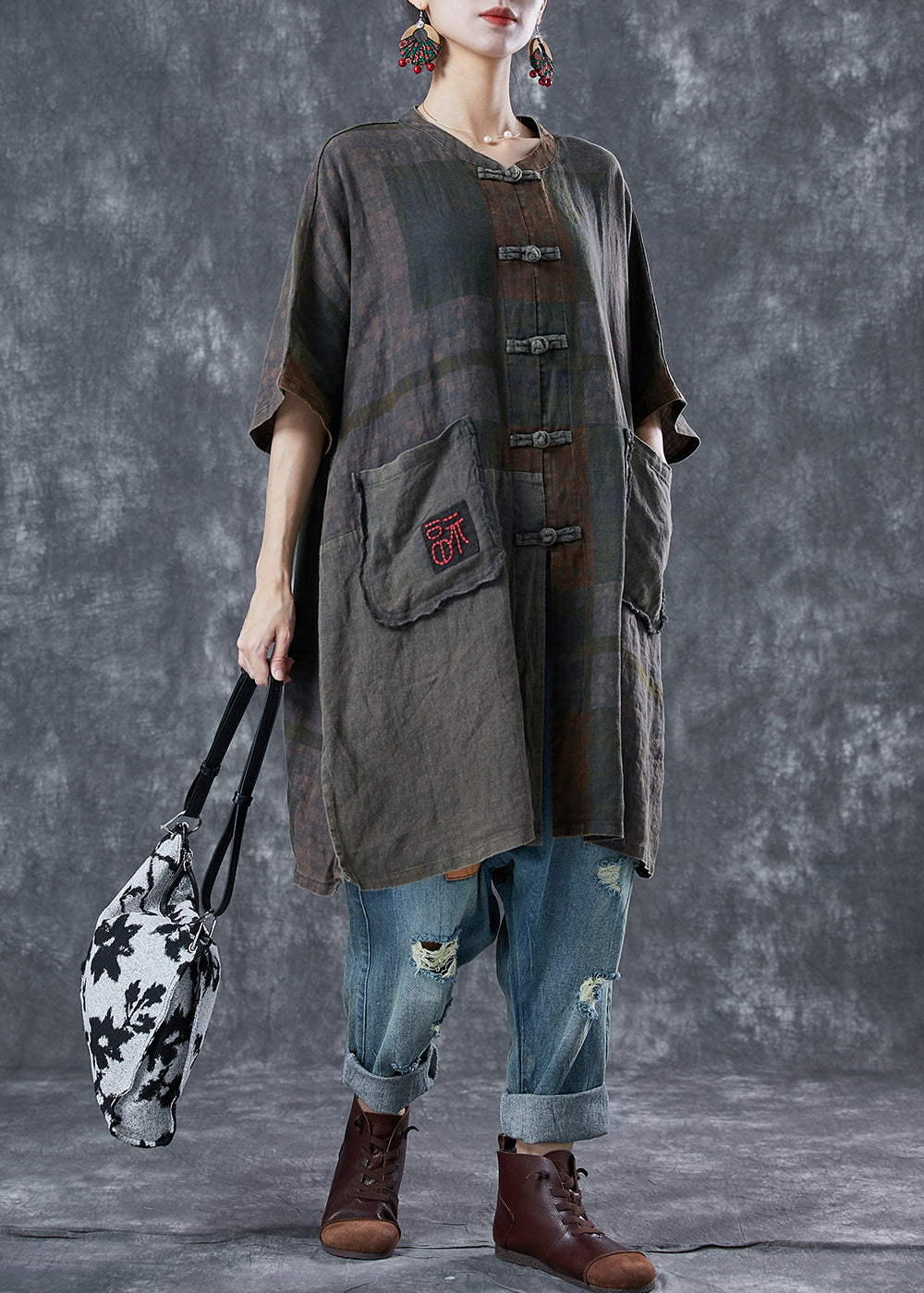 Embroideried Chinese Button Pockets Linen Trench Summer