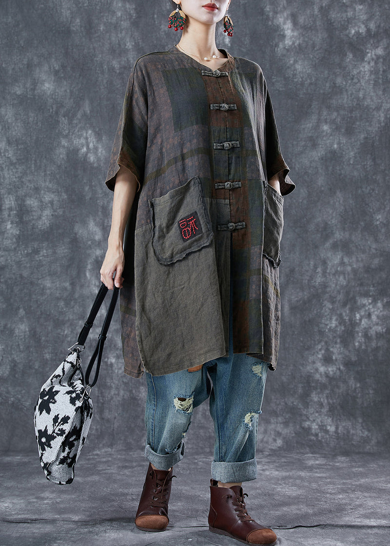 Embroideried Chinese Button Pockets Linen Trench Summer