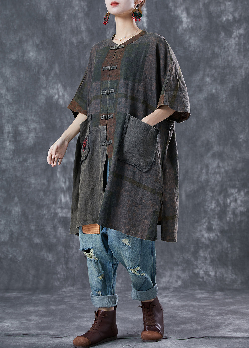 Embroideried Chinese Button Pockets Linen Trench Summer