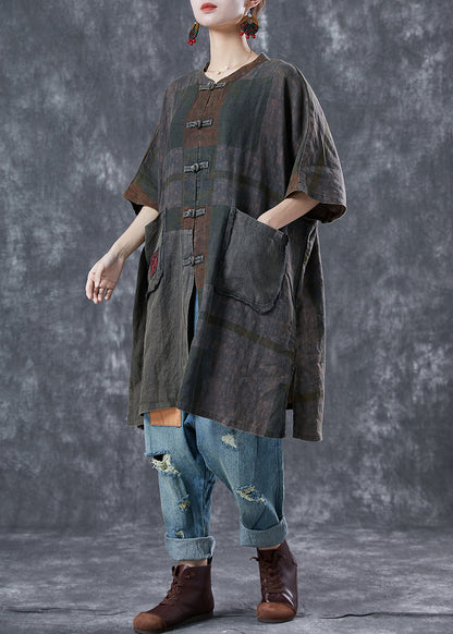 Embroideried Chinese Button Pockets Linen Trench Summer