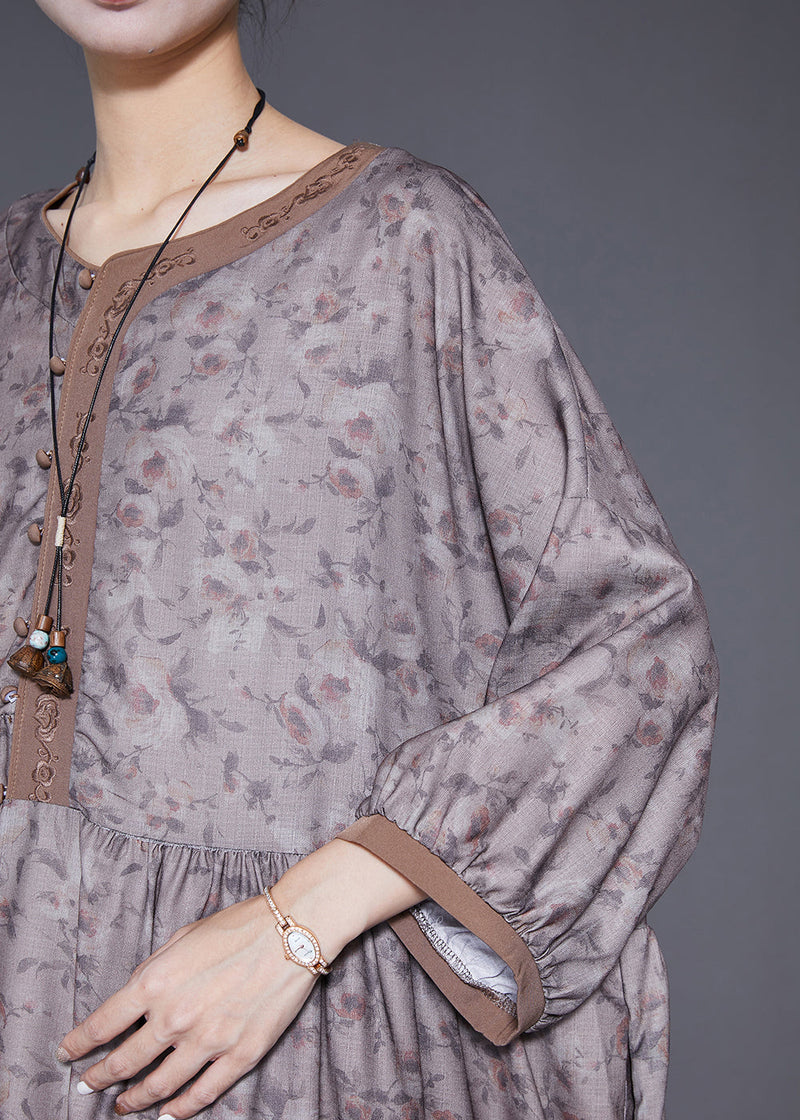 Embroideried Print Wrinkled Linen Robe Dresses Summer