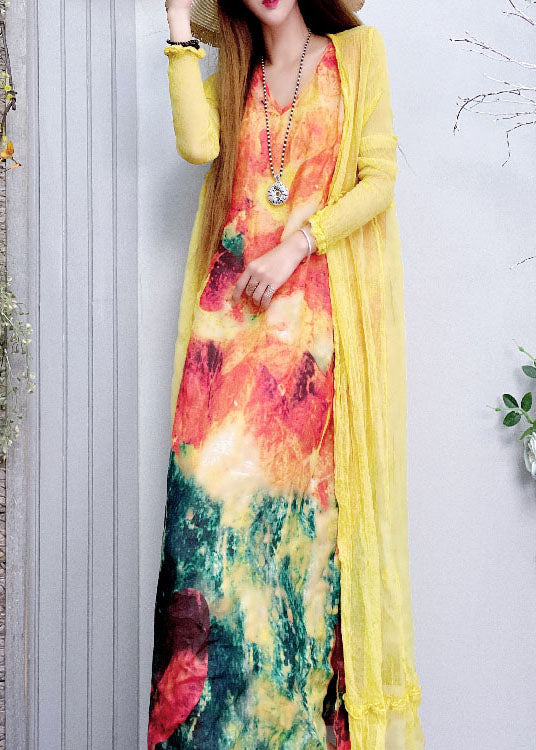 Fitted V Neck Print Linen Dress Spring