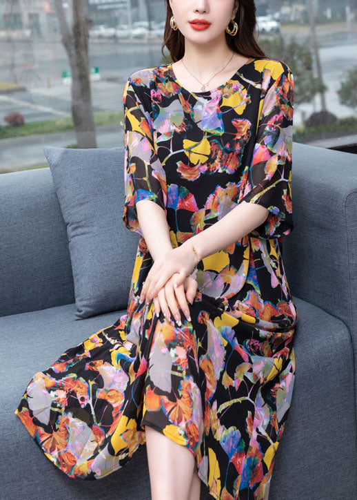O Neck Wrinkled Patchwork Chiffon Dresses Summer