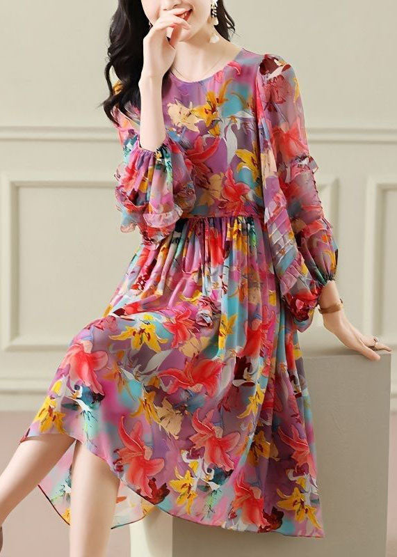 O Neck Wrinkled Patchwork Chiffon Long Dress Summer